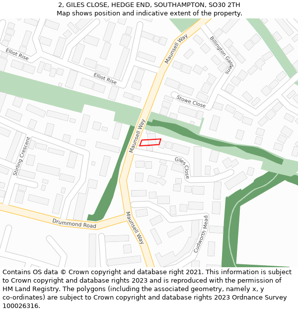 2, GILES CLOSE, HEDGE END, SOUTHAMPTON, SO30 2TH: Location map and indicative extent of plot