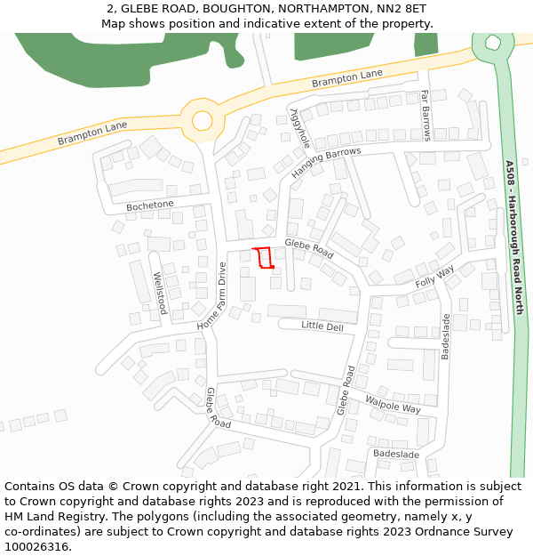2, GLEBE ROAD, BOUGHTON, NORTHAMPTON, NN2 8ET: Location map and indicative extent of plot