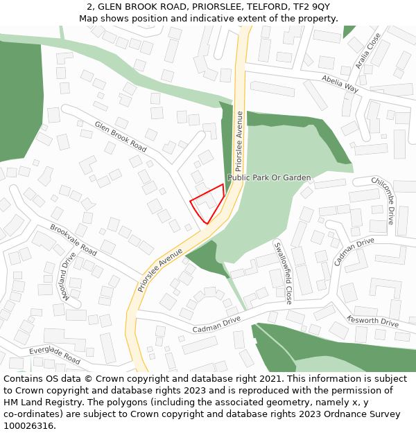 2, GLEN BROOK ROAD, PRIORSLEE, TELFORD, TF2 9QY: Location map and indicative extent of plot