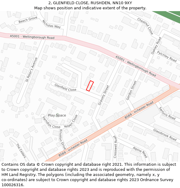 2, GLENFIELD CLOSE, RUSHDEN, NN10 9XY: Location map and indicative extent of plot