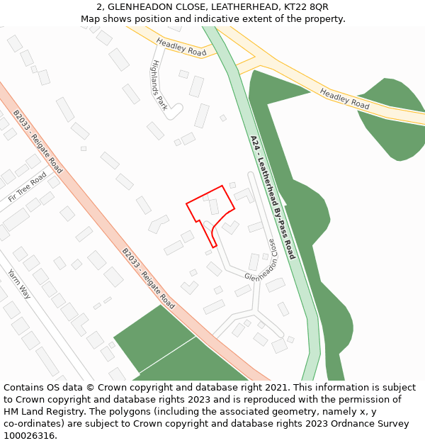 2, GLENHEADON CLOSE, LEATHERHEAD, KT22 8QR: Location map and indicative extent of plot