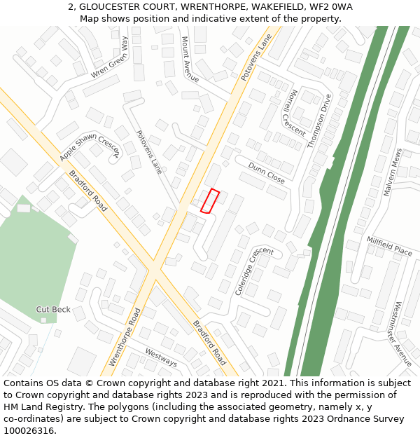 2, GLOUCESTER COURT, WRENTHORPE, WAKEFIELD, WF2 0WA: Location map and indicative extent of plot