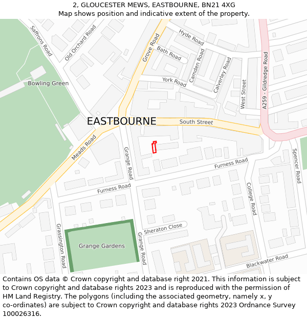 2, GLOUCESTER MEWS, EASTBOURNE, BN21 4XG: Location map and indicative extent of plot