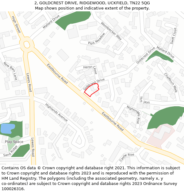 2, GOLDCREST DRIVE, RIDGEWOOD, UCKFIELD, TN22 5QG: Location map and indicative extent of plot