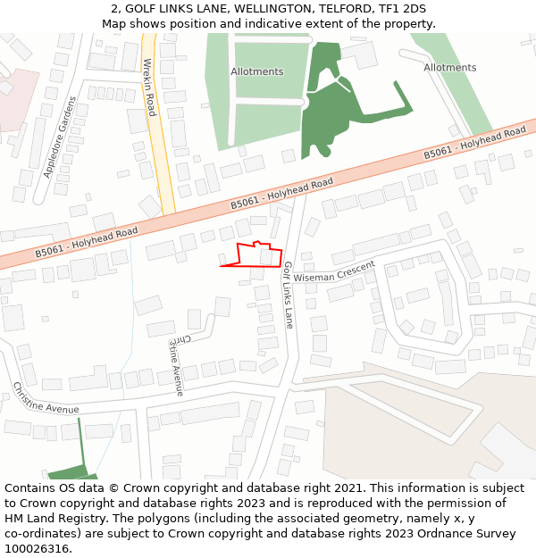 2, GOLF LINKS LANE, WELLINGTON, TELFORD, TF1 2DS: Location map and indicative extent of plot