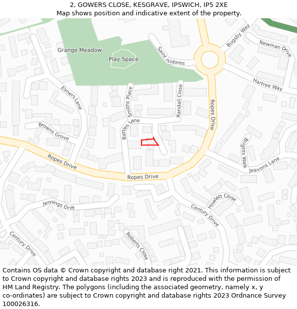 2, GOWERS CLOSE, KESGRAVE, IPSWICH, IP5 2XE: Location map and indicative extent of plot