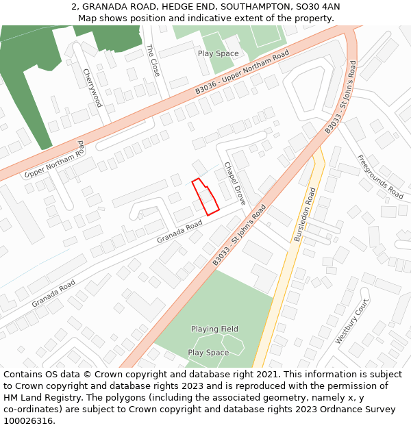 2, GRANADA ROAD, HEDGE END, SOUTHAMPTON, SO30 4AN: Location map and indicative extent of plot
