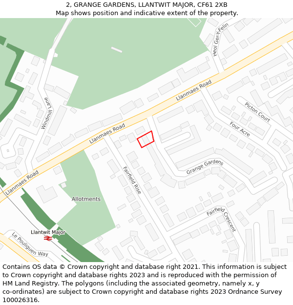 2, GRANGE GARDENS, LLANTWIT MAJOR, CF61 2XB: Location map and indicative extent of plot