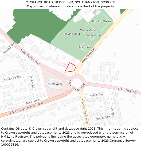 2, GRANGE ROAD, HEDGE END, SOUTHAMPTON, SO30 2FB: Location map and indicative extent of plot