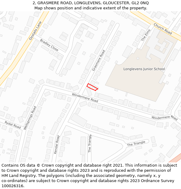 2, GRASMERE ROAD, LONGLEVENS, GLOUCESTER, GL2 0NQ: Location map and indicative extent of plot