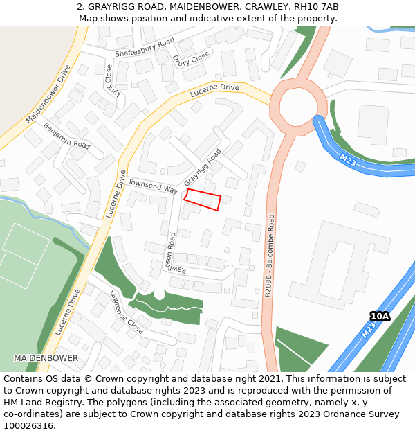 2, GRAYRIGG ROAD, MAIDENBOWER, CRAWLEY, RH10 7AB: Location map and indicative extent of plot