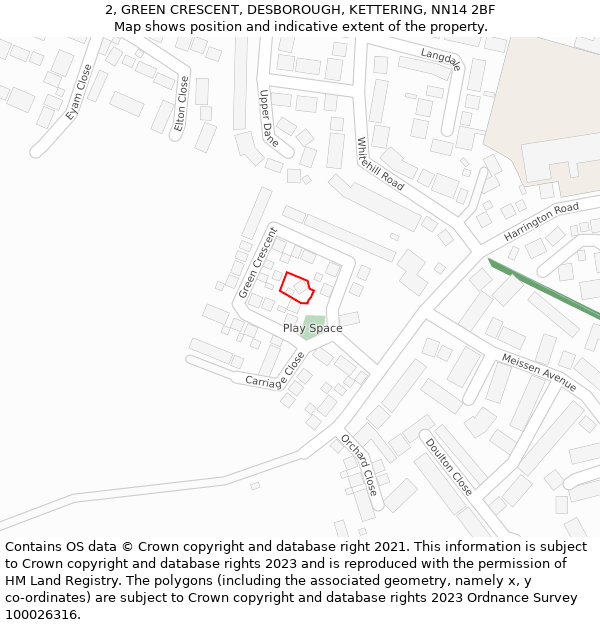 2, GREEN CRESCENT, DESBOROUGH, KETTERING, NN14 2BF: Location map and indicative extent of plot