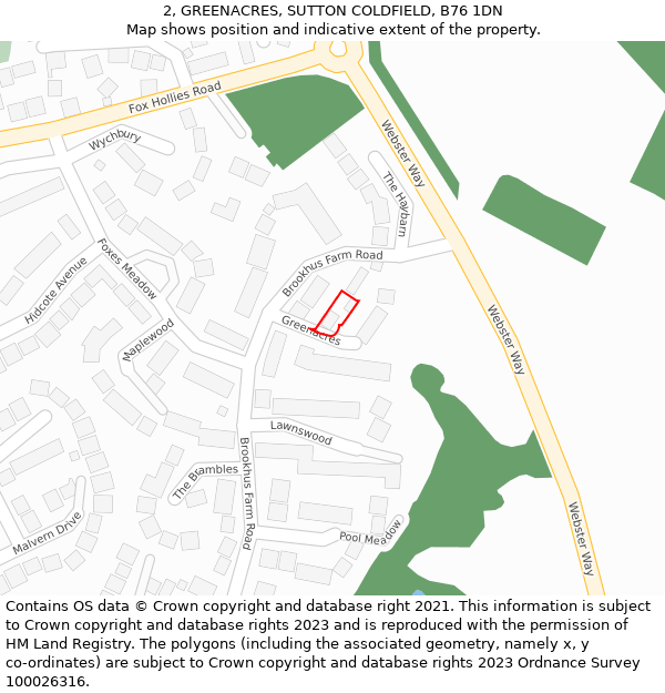 2, GREENACRES, SUTTON COLDFIELD, B76 1DN: Location map and indicative extent of plot