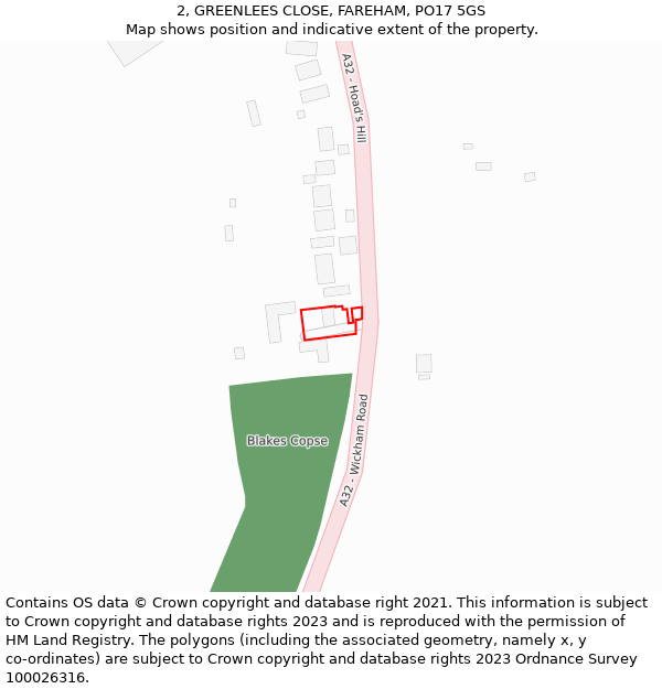 2, GREENLEES CLOSE, FAREHAM, PO17 5GS: Location map and indicative extent of plot