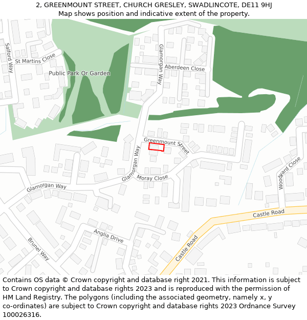 2, GREENMOUNT STREET, CHURCH GRESLEY, SWADLINCOTE, DE11 9HJ: Location map and indicative extent of plot
