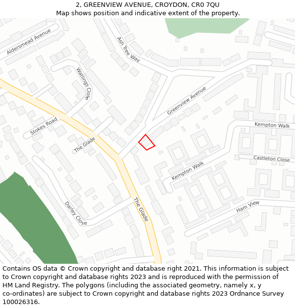 2, GREENVIEW AVENUE, CROYDON, CR0 7QU: Location map and indicative extent of plot