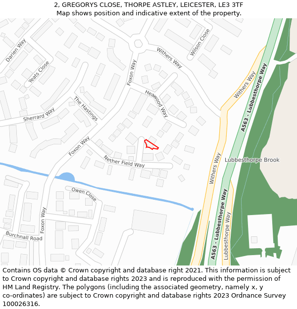 2, GREGORYS CLOSE, THORPE ASTLEY, LEICESTER, LE3 3TF: Location map and indicative extent of plot