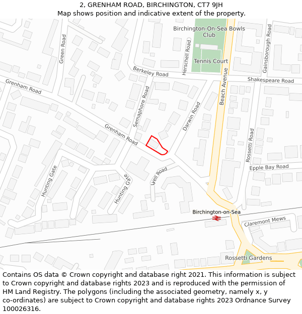 2, GRENHAM ROAD, BIRCHINGTON, CT7 9JH: Location map and indicative extent of plot