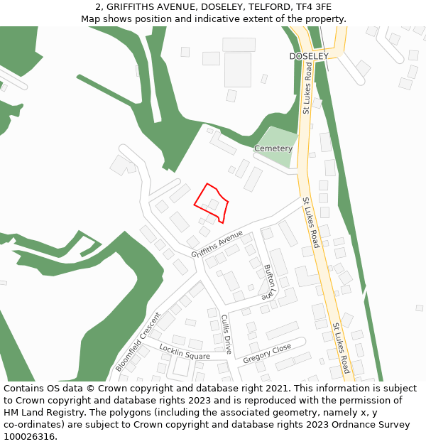 2, GRIFFITHS AVENUE, DOSELEY, TELFORD, TF4 3FE: Location map and indicative extent of plot