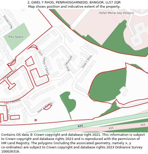 2, GWEL Y RHOS, PENRHOSGARNEDD, BANGOR, LL57 2QR: Location map and indicative extent of plot