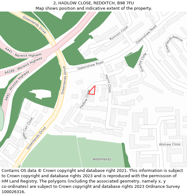 2, HADLOW CLOSE, REDDITCH, B98 7FU: Location map and indicative extent of plot