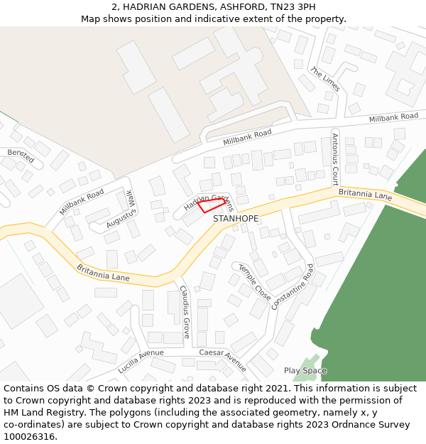 2, HADRIAN GARDENS, ASHFORD, TN23 3PH: Location map and indicative extent of plot