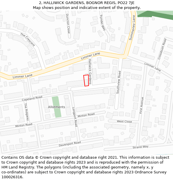 2, HALLIWICK GARDENS, BOGNOR REGIS, PO22 7JE: Location map and indicative extent of plot