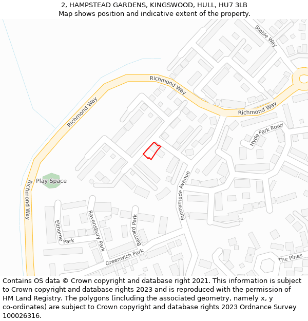 2, HAMPSTEAD GARDENS, KINGSWOOD, HULL, HU7 3LB: Location map and indicative extent of plot