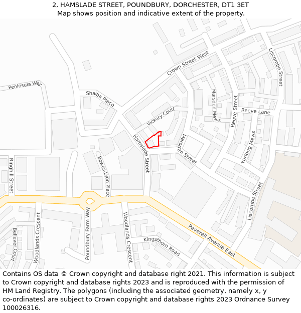 2, HAMSLADE STREET, POUNDBURY, DORCHESTER, DT1 3ET: Location map and indicative extent of plot