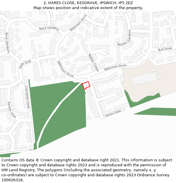 2, HARES CLOSE, KESGRAVE, IPSWICH, IP5 2EZ: Location map and indicative extent of plot