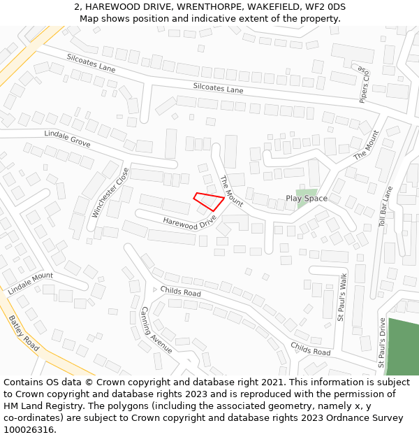 2, HAREWOOD DRIVE, WRENTHORPE, WAKEFIELD, WF2 0DS: Location map and indicative extent of plot