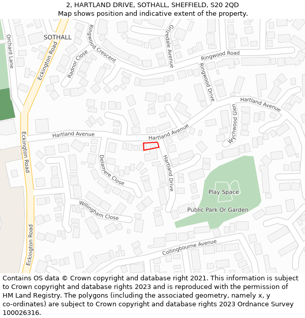 2, HARTLAND DRIVE, SOTHALL, SHEFFIELD, S20 2QD: Location map and indicative extent of plot