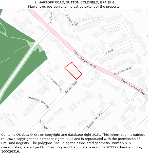 2, HARTOPP ROAD, SUTTON COLDFIELD, B74 2RH: Location map and indicative extent of plot