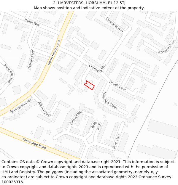 2, HARVESTERS, HORSHAM, RH12 5TJ: Location map and indicative extent of plot