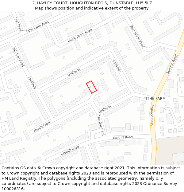 2, HAYLEY COURT, HOUGHTON REGIS, DUNSTABLE, LU5 5LZ: Location map and indicative extent of plot