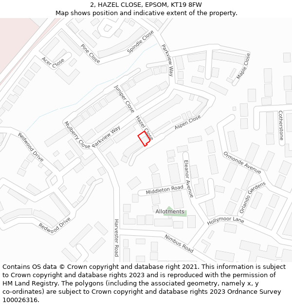 2, HAZEL CLOSE, EPSOM, KT19 8FW: Location map and indicative extent of plot