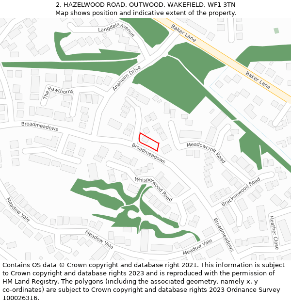 2, HAZELWOOD ROAD, OUTWOOD, WAKEFIELD, WF1 3TN: Location map and indicative extent of plot