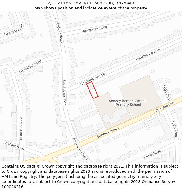 2, HEADLAND AVENUE, SEAFORD, BN25 4PY: Location map and indicative extent of plot