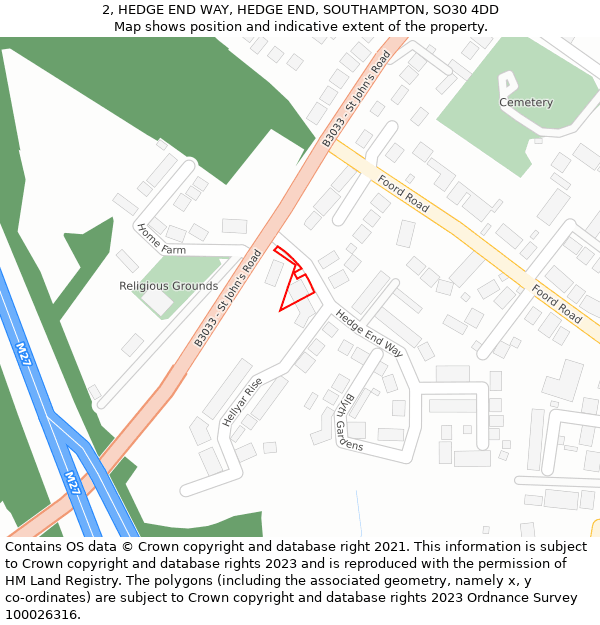 2, HEDGE END WAY, HEDGE END, SOUTHAMPTON, SO30 4DD: Location map and indicative extent of plot