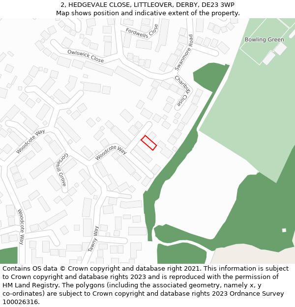2, HEDGEVALE CLOSE, LITTLEOVER, DERBY, DE23 3WP: Location map and indicative extent of plot