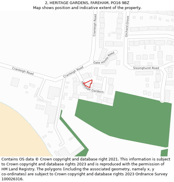 2, HERITAGE GARDENS, FAREHAM, PO16 9BZ: Location map and indicative extent of plot