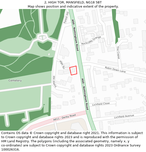 2, HIGH TOR, MANSFIELD, NG18 5BT: Location map and indicative extent of plot