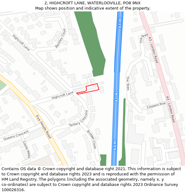 2, HIGHCROFT LANE, WATERLOOVILLE, PO8 9NX: Location map and indicative extent of plot