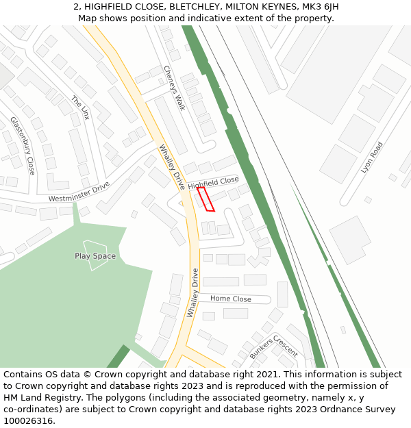 2, HIGHFIELD CLOSE, BLETCHLEY, MILTON KEYNES, MK3 6JH: Location map and indicative extent of plot