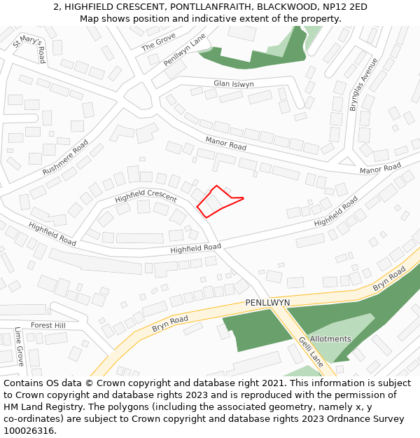 2, HIGHFIELD CRESCENT, PONTLLANFRAITH, BLACKWOOD, NP12 2ED: Location map and indicative extent of plot