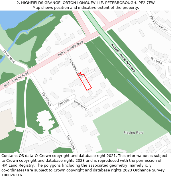 2, HIGHFIELDS GRANGE, ORTON LONGUEVILLE, PETERBOROUGH, PE2 7EW: Location map and indicative extent of plot