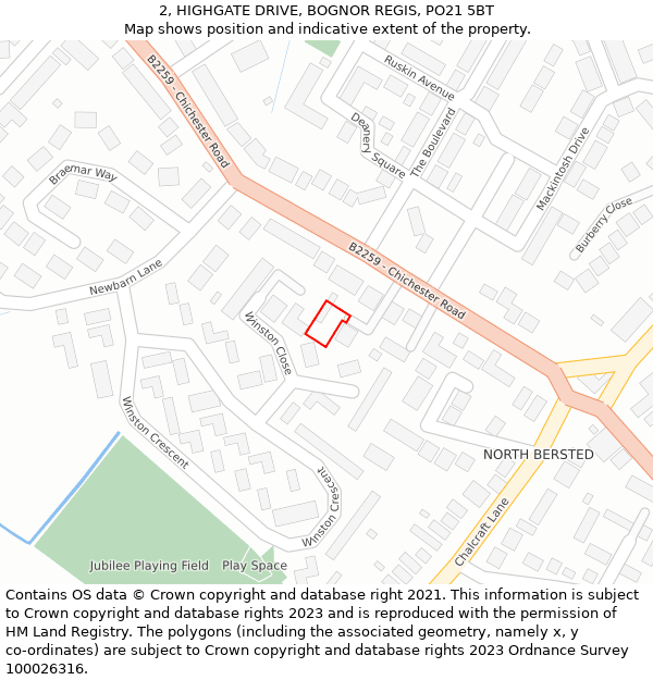 2, HIGHGATE DRIVE, BOGNOR REGIS, PO21 5BT: Location map and indicative extent of plot