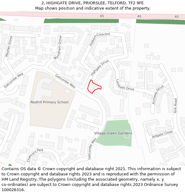 2, HIGHGATE DRIVE, PRIORSLEE, TELFORD, TF2 9FE: Location map and indicative extent of plot