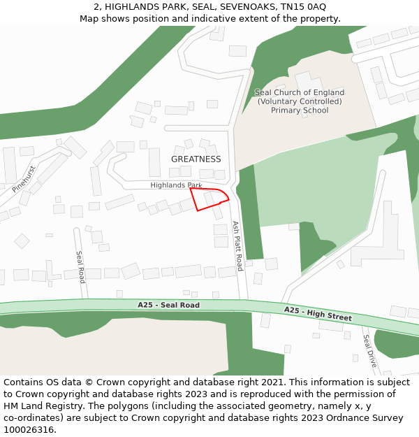 2, HIGHLANDS PARK, SEAL, SEVENOAKS, TN15 0AQ: Location map and indicative extent of plot