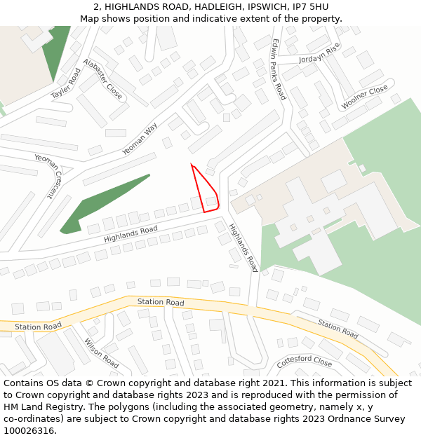 2, HIGHLANDS ROAD, HADLEIGH, IPSWICH, IP7 5HU: Location map and indicative extent of plot